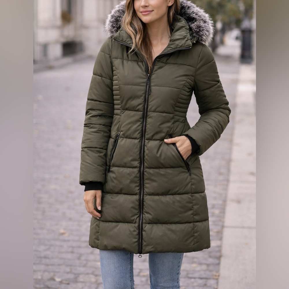 Stylish Olive Green Puffer Coat with Faux Fur Hood NEW